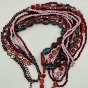Red Pink Bluish Purple Multi-Strand Beaded Necklace